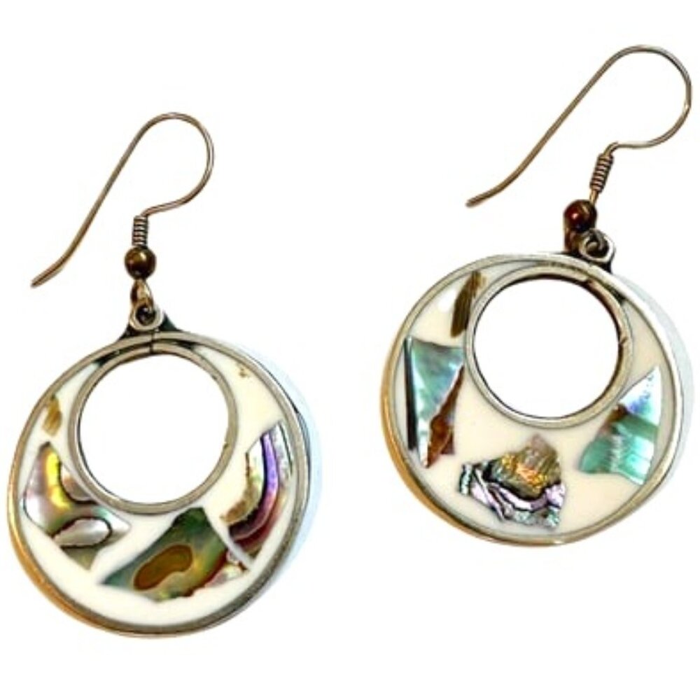 Vintage Round Abalone Shell and White Enamel Earrings Valentine Gift